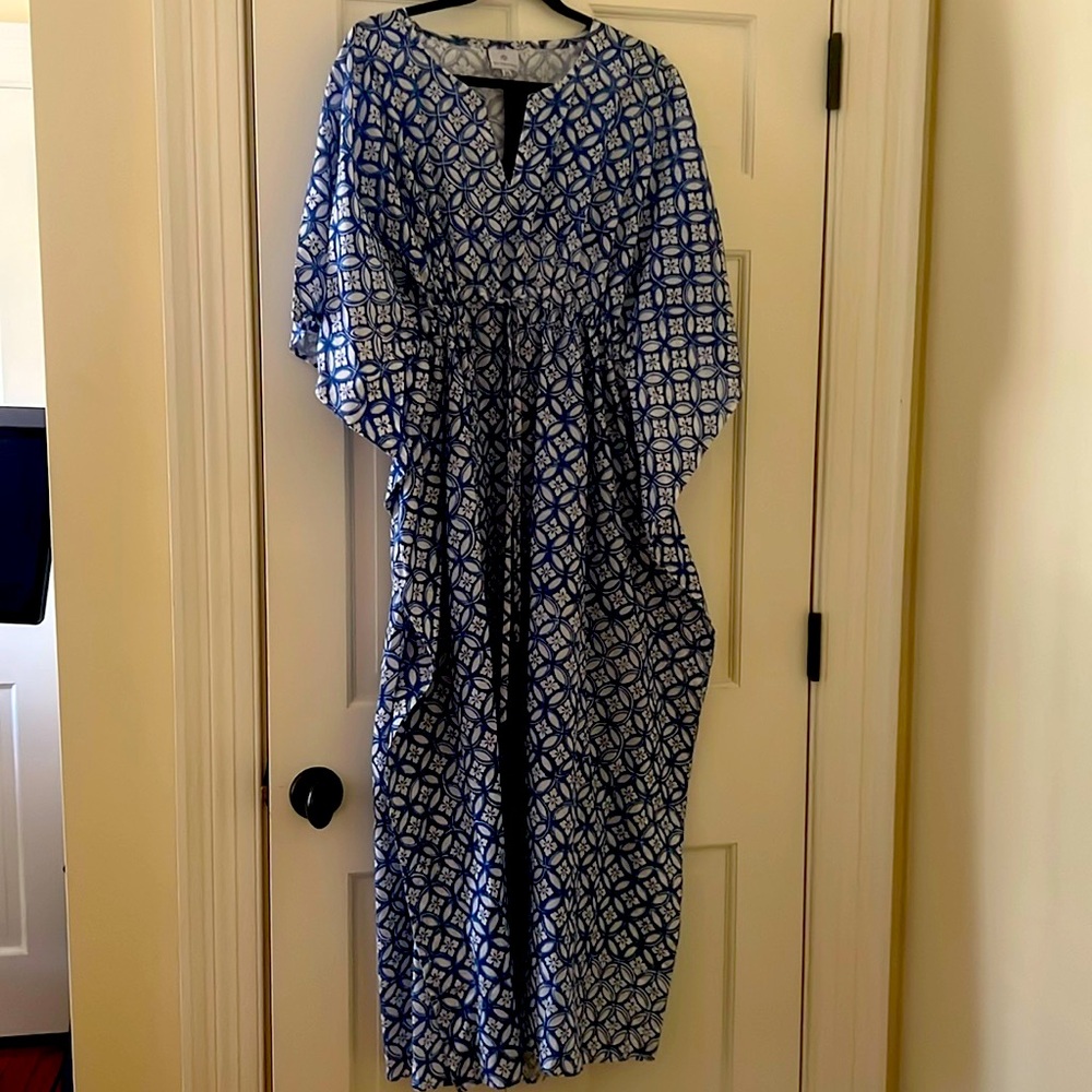 NWT Pax Philomena Blue and White Geometric Maxi Kaftan Dress OS